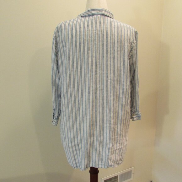 J Jill Love Linen White Blue/Black Striped Hi-Low Tunic Large Tall - Picture 7 of 16